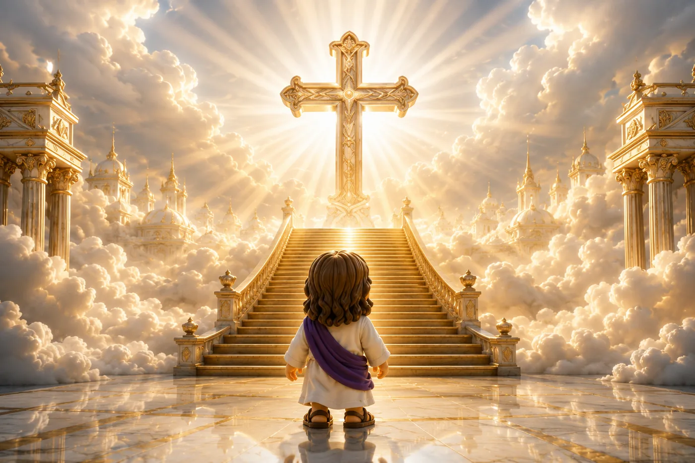 Little Jesus before the stairway to the glowing cross